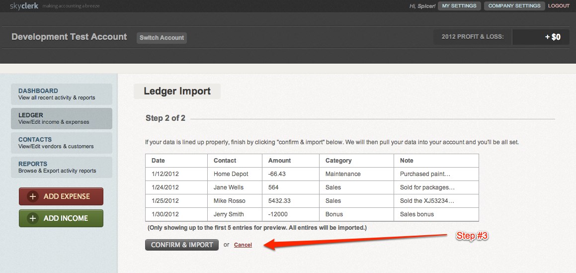 Importing transactions step 3