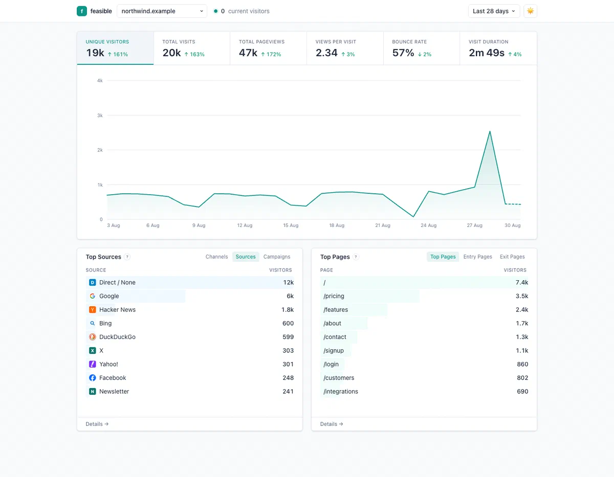 The Feasible dashboard — visitors, sources, and top pages on one screen