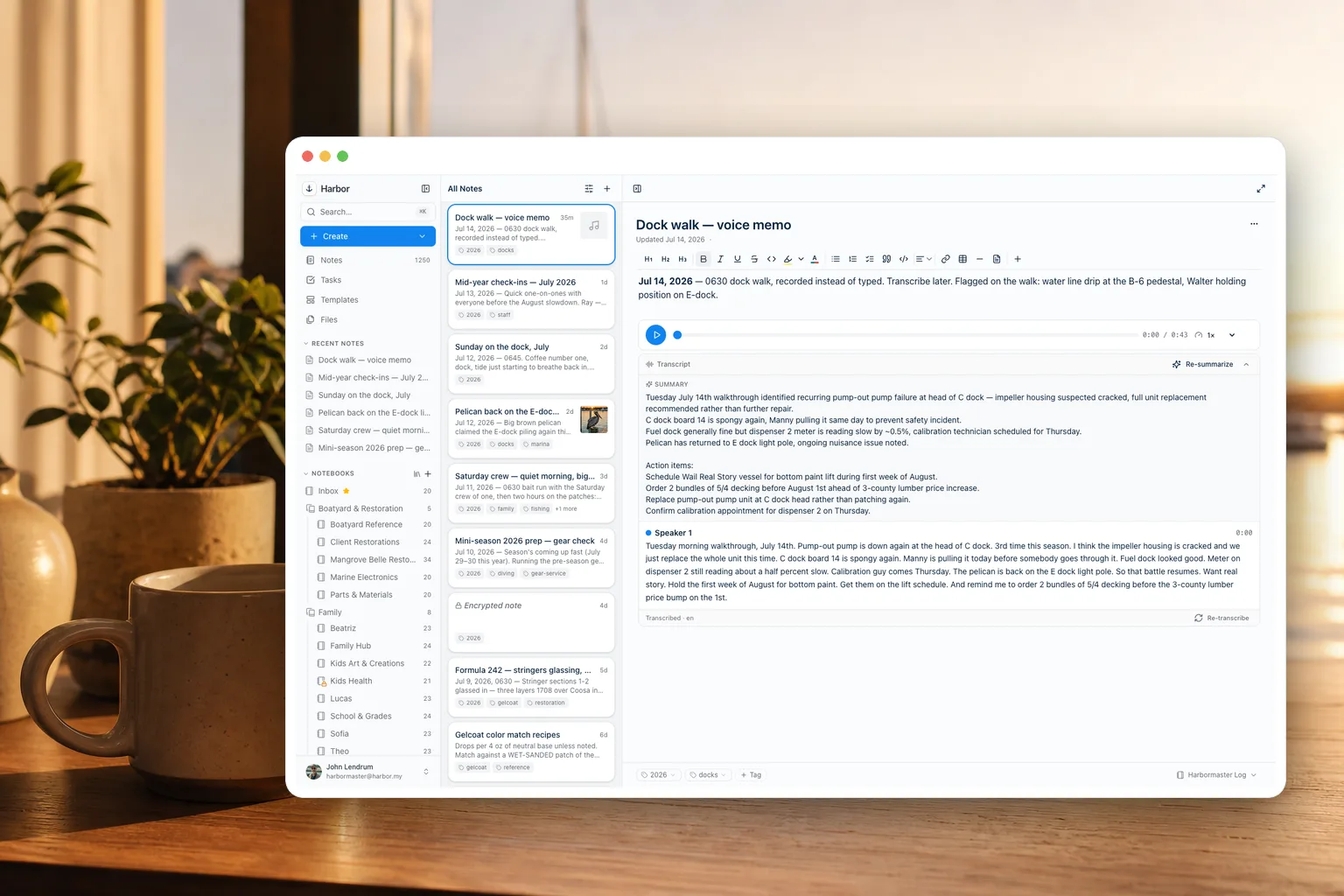 Harbor on the Mac — notebooks, notes, and a searchable voice memo transcript